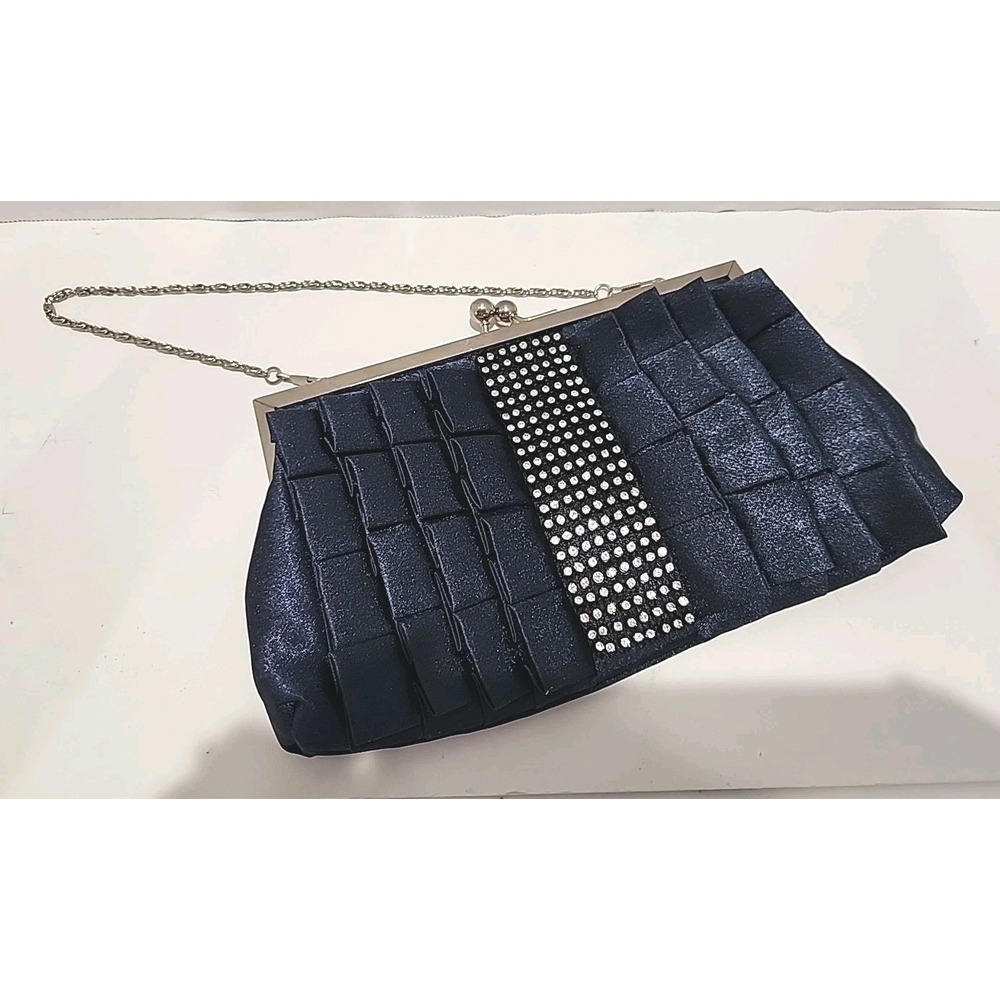 Evening Bag Navy Blue Satin Ruffle Rhinestone Band Silver Color Clasp & 2 Chains